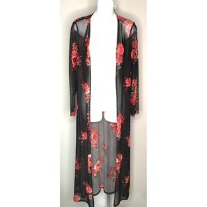 Discreet Womens Sz M Floral Mesh Duster Cardigan Open Front Romantic Sheer NWT